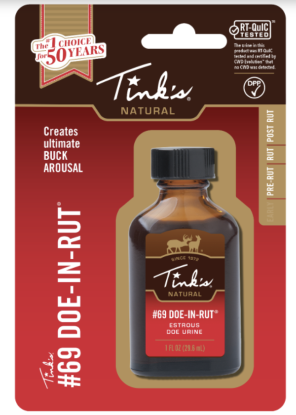 Tink’s #69 Doe-in-Rut Estrous Doe Urine ~ 1oz/29.6ml Glass Bottle